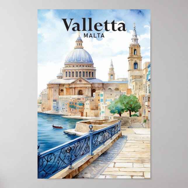 Valletta Malta Watercolor Painting Travel Poster (Front)