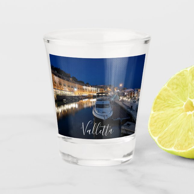 Valletta waterfront district with small harbor shot glass (Front)
