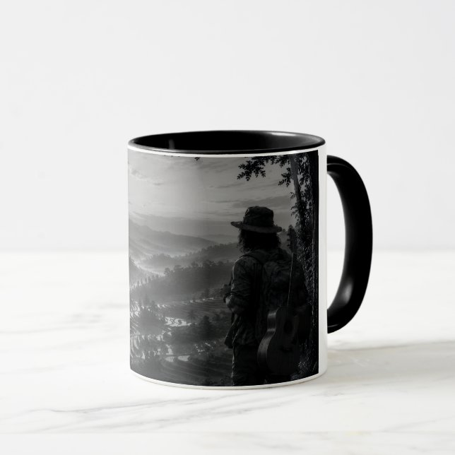 Valley of Dawn Black & White Wanderer Coffee Mug (Front Right)