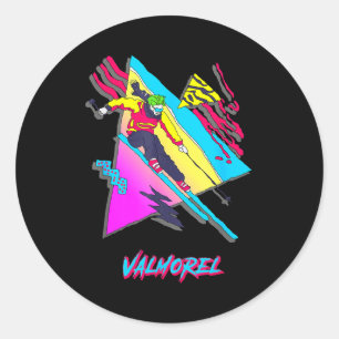 Valmorel colourful retro skiing adventure design  classic round sticker
