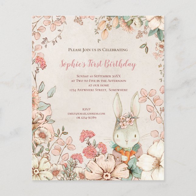 Value Bunny Floral 1st Birthday Girl Invitation Flyer (Front)