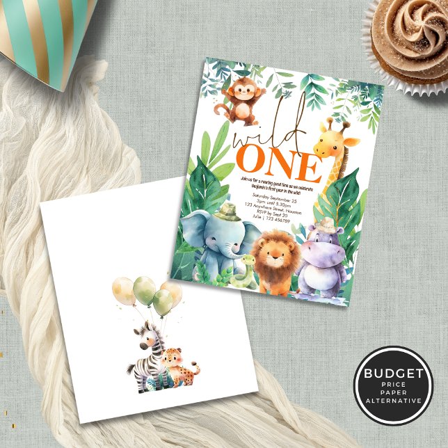Value Wild One Jungle Animals 1st Birthday Party Flyer (Front and back view)