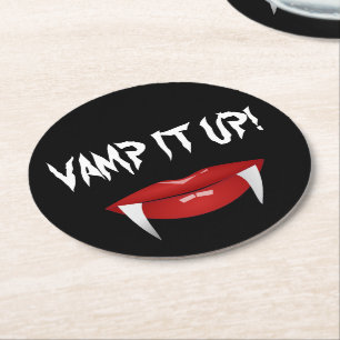 "VAMP IT UP!" Vampire Fangs Halloween Round Paper Coaster