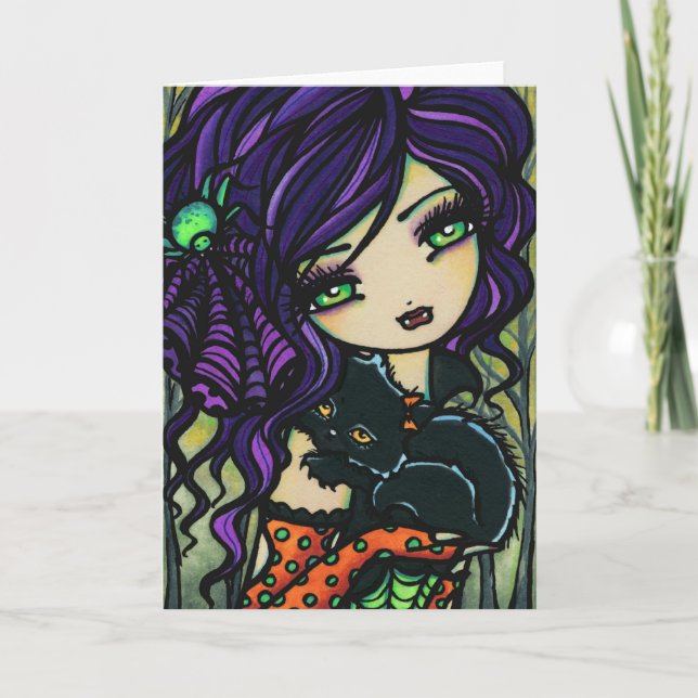 Vampire Black Cat Halloween Fantasy Fairy Art Card (Front)