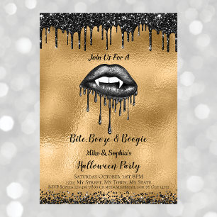 Vampire Black Glitter Lips Adult Halloween Gold Invitation
