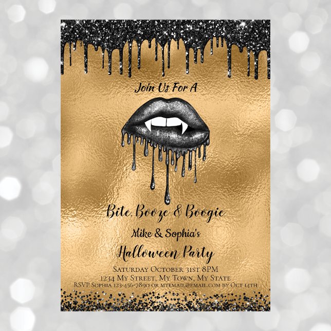 Vampire Black Glitter Lips Adult Halloween Gold  Invitation (Creator Uploaded)