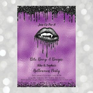 Vampire Black Glitter Lips Adult Halloween Purple Invitation