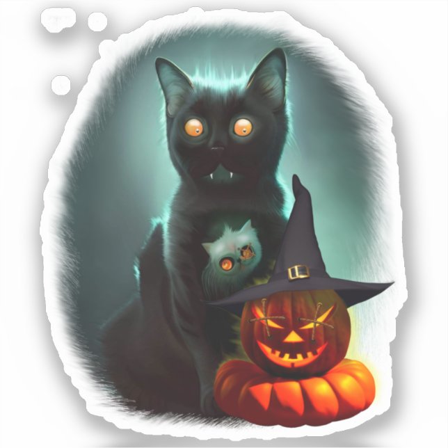 Vampire Cat and Wizard Pumpkin Halloween Surreal  (Front)