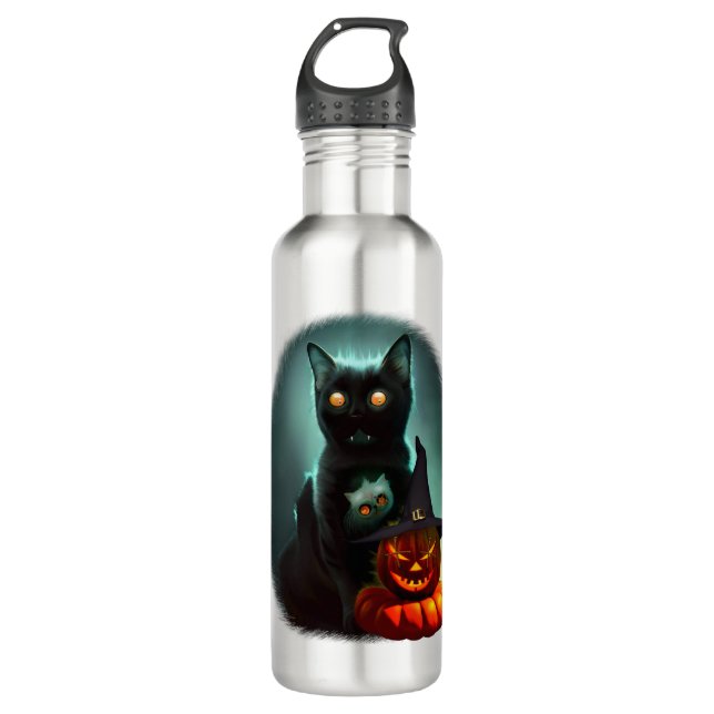 Vampire Cat and Wizard Pumpkin Halloween Surreal  710 Ml Water Bottle (Front)
