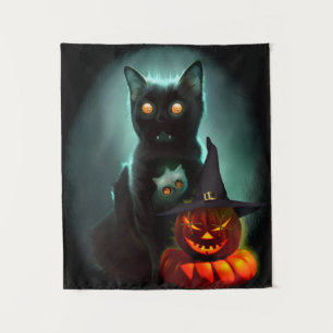 Vampire Cat and Wizard Pumpkin Halloween Surreal A Tapestry