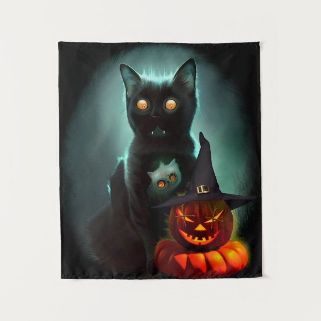 Vampire Cat and Wizard Pumpkin Halloween Surreal A Tapestry (Front)