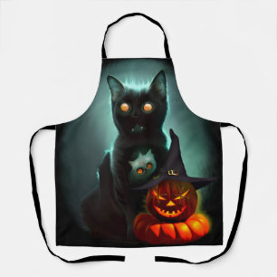 Vampire Cat and Wizard Pumpkin Halloween Surreal  Apron