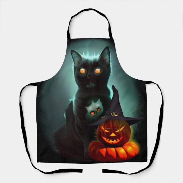 Vampire Cat and Wizard Pumpkin Halloween Surreal  Apron (Front)