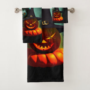 Vampire Cat and Wizard Pumpkin Halloween Surreal   Bath Towel Set