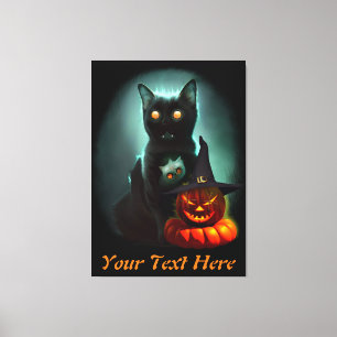 Vampire Cat and Wizard Pumpkin Halloween Surreal  Canvas Print