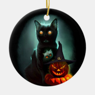 Vampire Cat and Wizard Pumpkin Halloween Surreal  Ceramic Tree Decoration