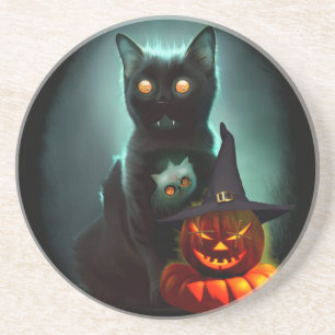 Vampire Cat and Wizard Pumpkin Halloween Surreal   Coaster