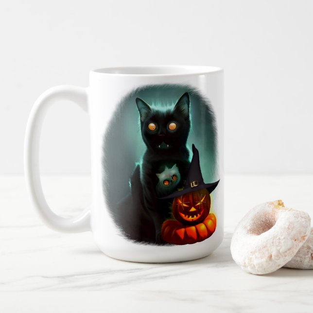 Vampire Cat and Wizard Pumpkin Halloween Surreal  Coffee Mug (With Donut)