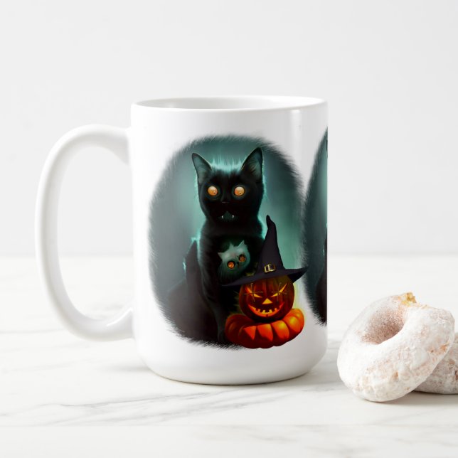 Vampire Cat and Wizard Pumpkin Halloween Surreal  Coffee Mug (With Donut)