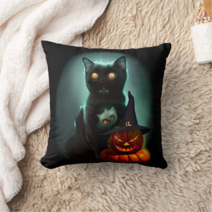 Vampire Cat and Wizard Pumpkin Halloween Surreal   Cushion