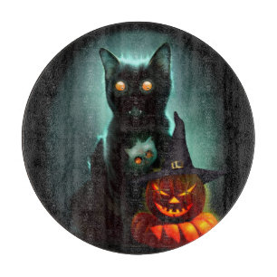 Vampire Cat and Wizard Pumpkin Halloween Surreal  Cutting Board