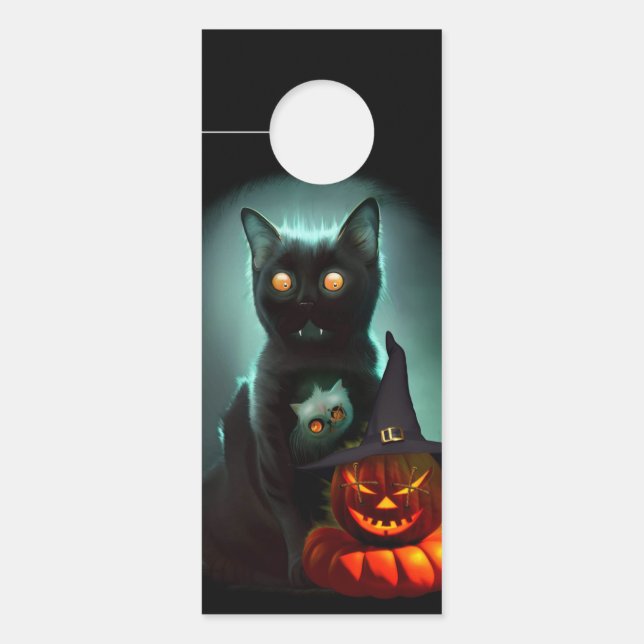 Vampire Cat and Wizard Pumpkin Halloween Surreal  Door Hanger (Front)