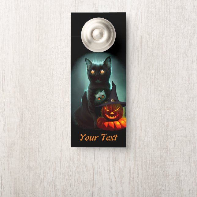 Vampire Cat and Wizard Pumpkin Halloween Surreal  Door Hanger (On Knob)