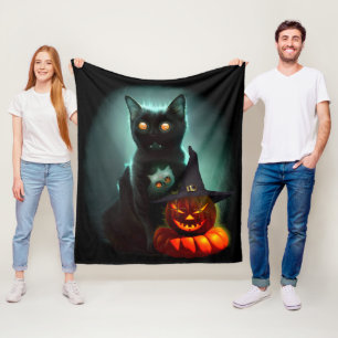 Vampire Cat and Wizard Pumpkin Halloween Surreal Fleece Blanket
