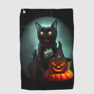 Vampire Cat and Wizard Pumpkin Halloween Surreal  Golf Towel