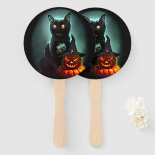 Vampire Cat and Wizard Pumpkin Halloween Surreal Hand Fan