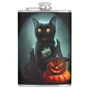 Vampire Cat and Wizard Pumpkin Halloween Surreal  Hip Flask