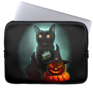 Vampire Cat and Wizard Pumpkin Halloween Surreal Laptop Sleeve