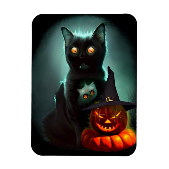 Vampire Cat and Wizard Pumpkin Halloween Surreal  Magnet (Vertical)