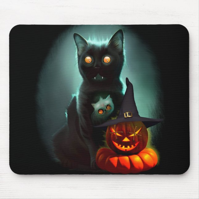 Vampire Cat and Wizard Pumpkin Halloween Surreal   Mouse Mat (Front)