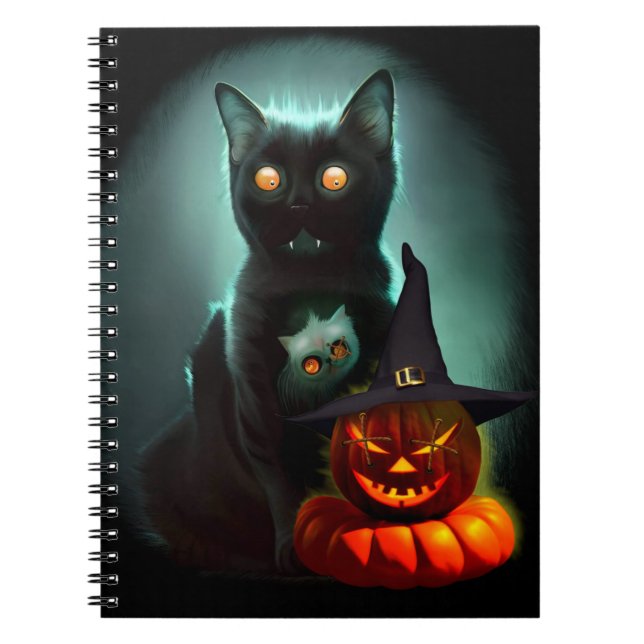 Vampire Cat and Wizard Pumpkin Halloween Surreal   Notebook (Front)