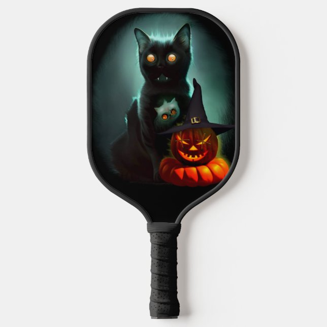 Vampire Cat and Wizard Pumpkin Halloween Surreal  Pickleball Paddle (Front)
