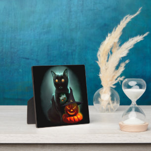 Vampire Cat and Wizard Pumpkin Halloween Surreal Plaque