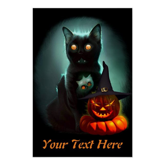 Vampire Cat and Wizard Pumpkin Halloween Surreal  Poster (Front)