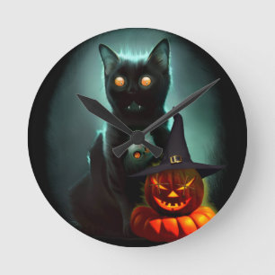 Vampire Cat and Wizard Pumpkin Halloween Surreal  Round Clock
