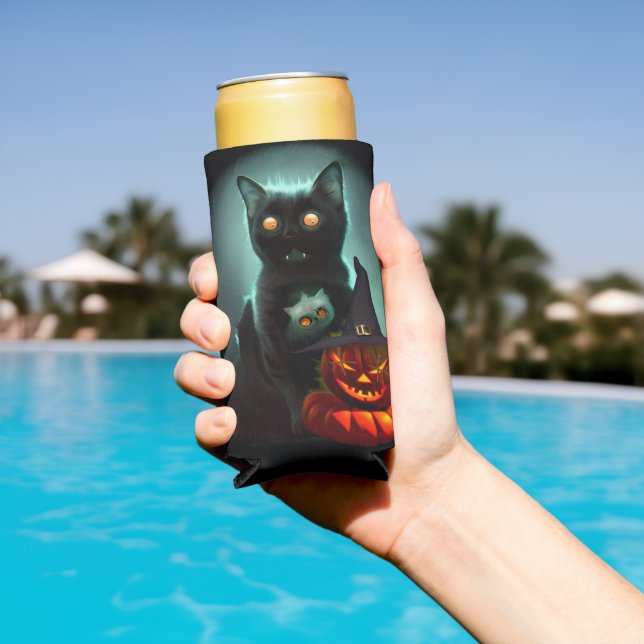 Vampire Cat and Wizard Pumpkin Halloween Surreal  Seltzer Can Cooler (In Situ Pool)