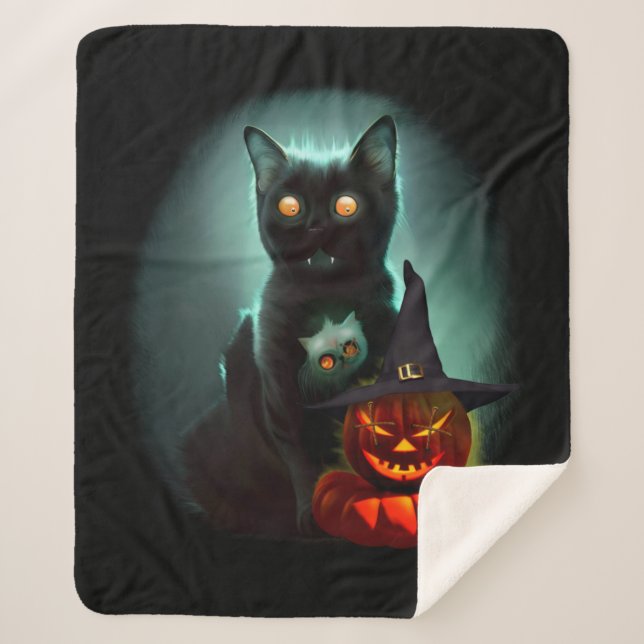 Vampire Cat and Wizard Pumpkin Halloween Surreal  Sherpa Blanket (Front)