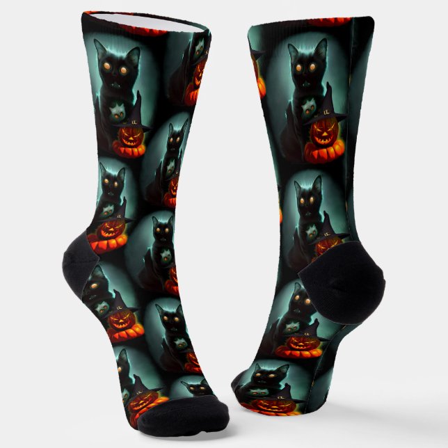 Vampire Cat and Wizard Pumpkin Halloween Surreal   Socks (Angled)