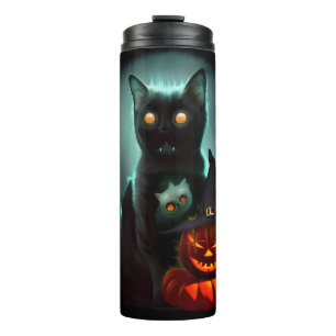 Vampire Cat and Wizard Pumpkin Halloween Surreal Thermal Tumbler