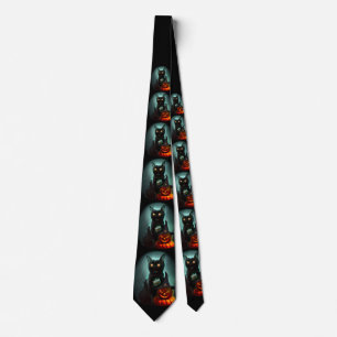 Vampire Cat and Wizard Pumpkin Halloween Surreal  Tie