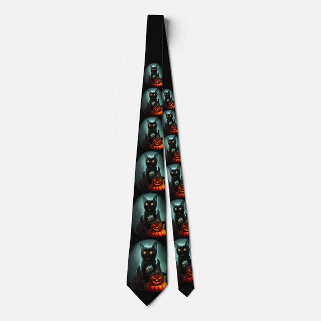 Vampire Cat and Wizard Pumpkin Halloween Surreal  Tie (Front)