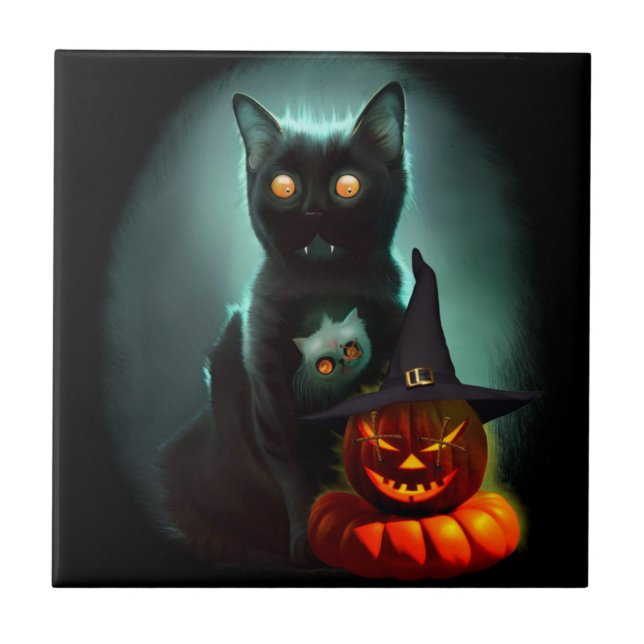Vampire Cat and Wizard Pumpkin Halloween Surreal  Tile (Front)