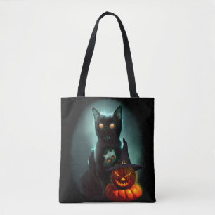 Vampire Cat and Wizard Pumpkin Halloween Surreal  Tote Bag