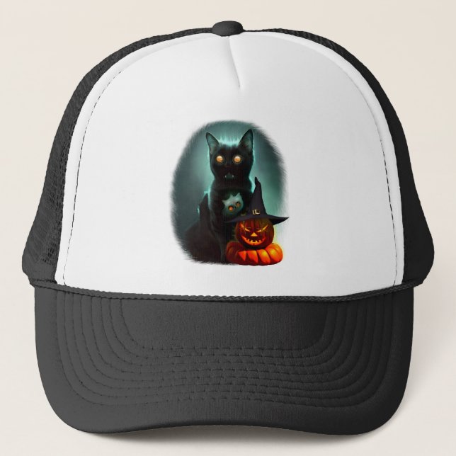 Vampire Cat and Wizard Pumpkin Halloween Surreal  Trucker Hat (Front)