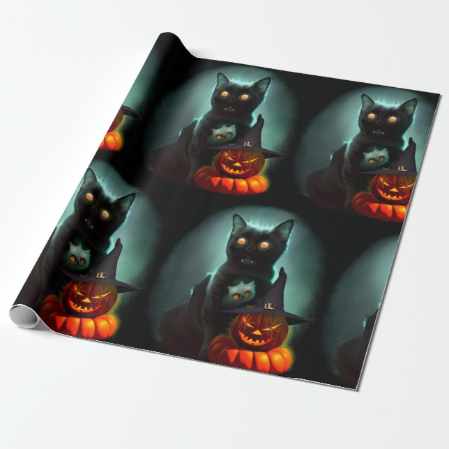 Vampire Cat and Wizard Pumpkin Halloween Surreal  Wrapping Paper (Unrolled)