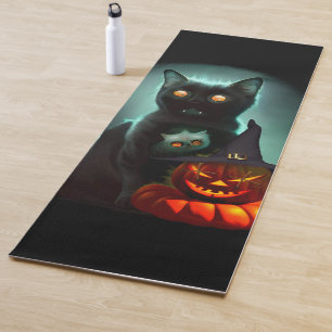 Vampire Cat and Wizard Pumpkin Halloween Surreal   Yoga Mat